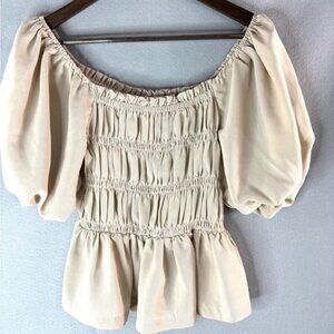 Ro & De XS Puff Sleeve Beige Smocked Crop Top